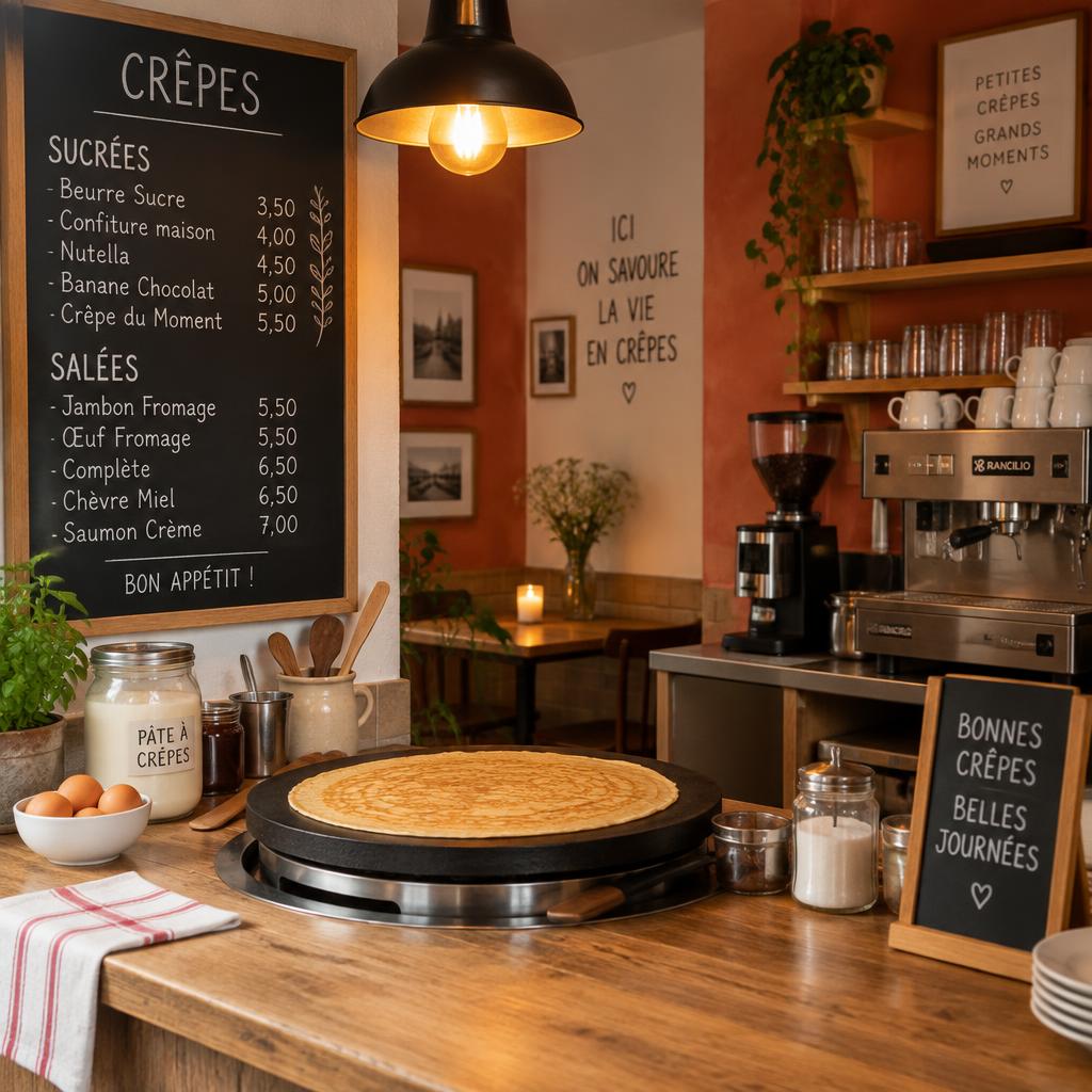 The counter at Crepas Café with its round griddle and chalkboard menu
